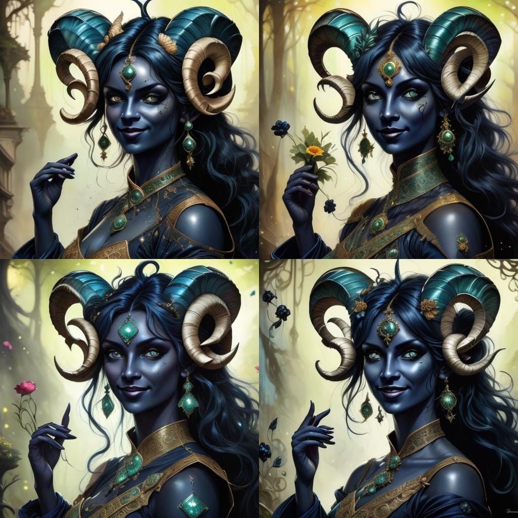 Blue-Skinned Horned Woman with Furry Creature in Whimsical S...