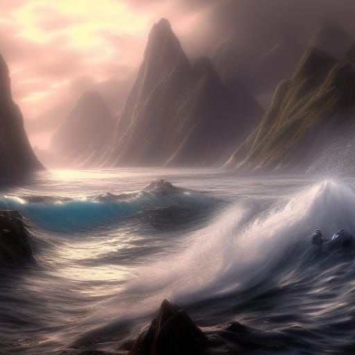 Magical Water Waves in Fantasy Landscape