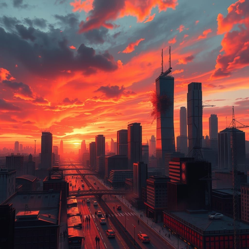Metropolis at Dusk with Ink Splatters