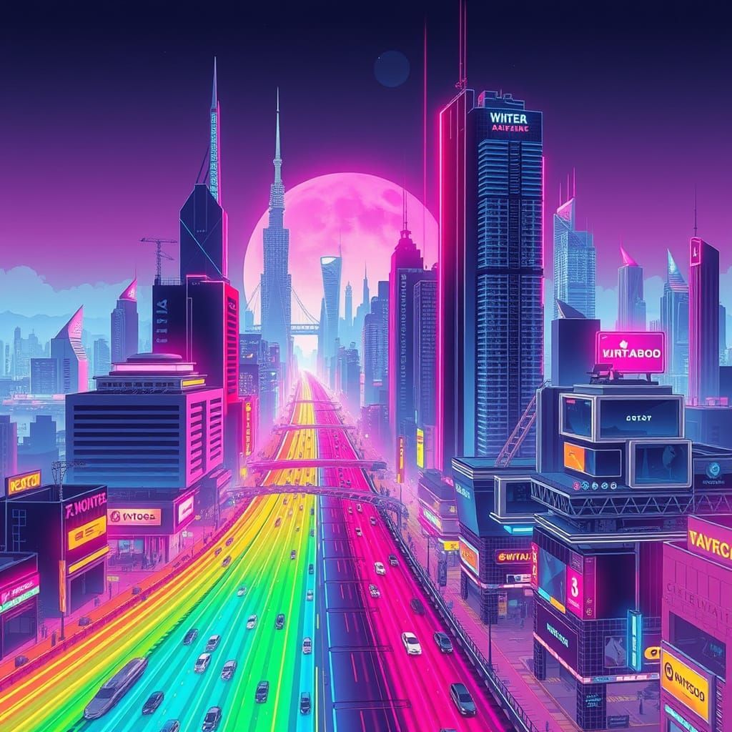 Rainbow Road: Neon Cyberpunk Cityscape