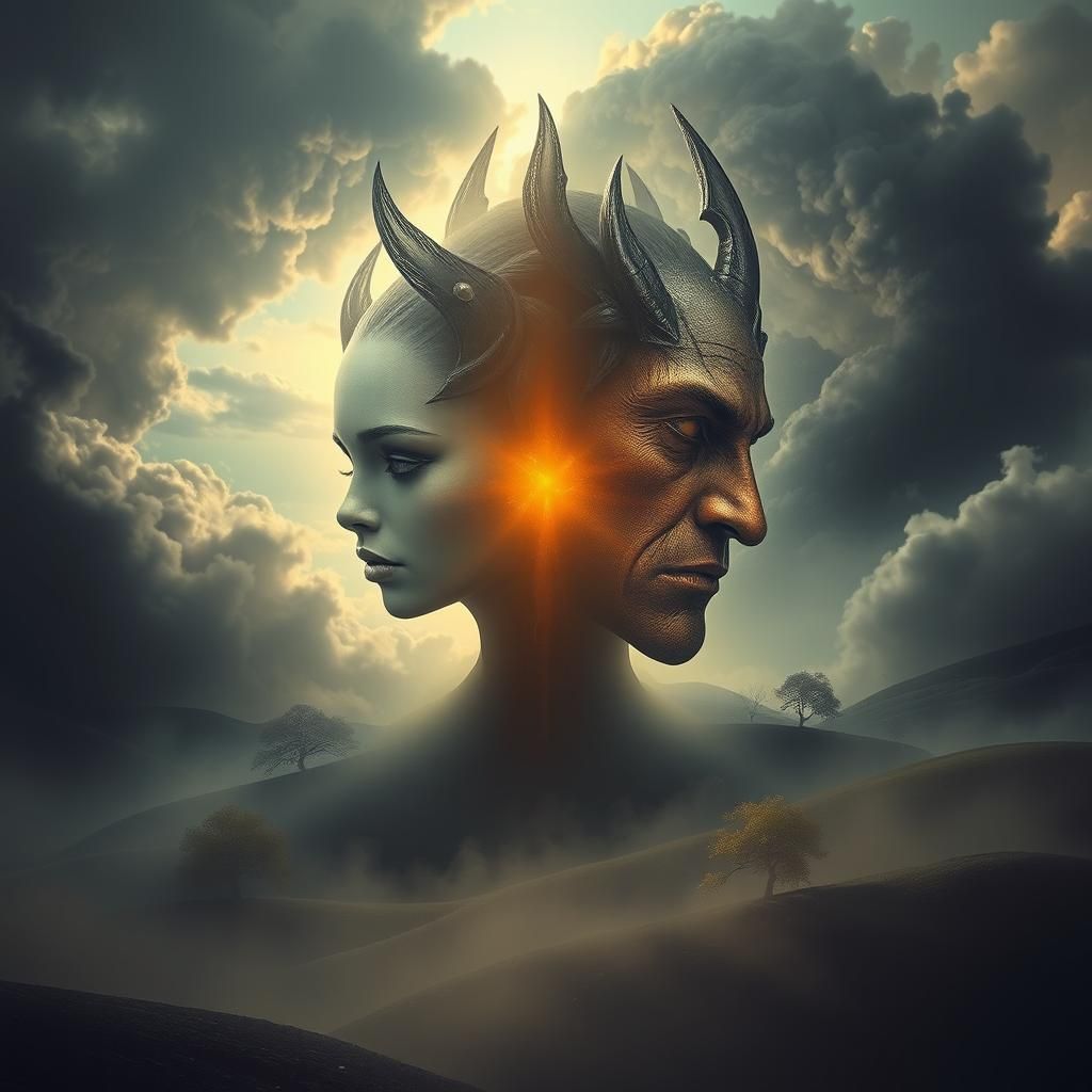 Mystical Two-Faced Creature in Surreal Landscape
