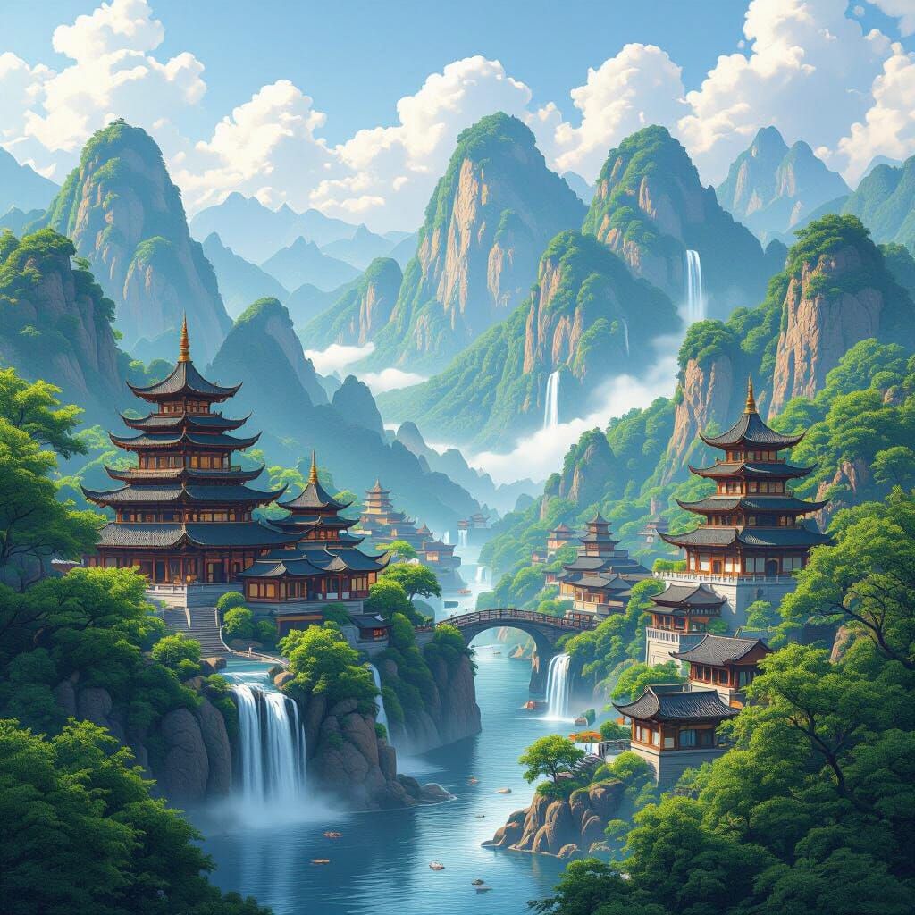Majestic Chinese Mountain Range in 3D Animation Style