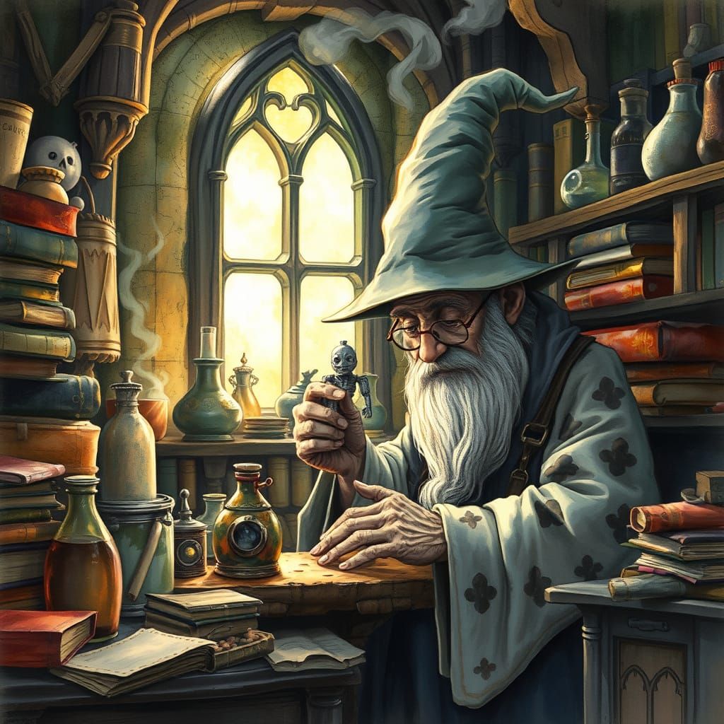 Magical Alchemist Crafts Miniature Golem in Enchanted Worksh...