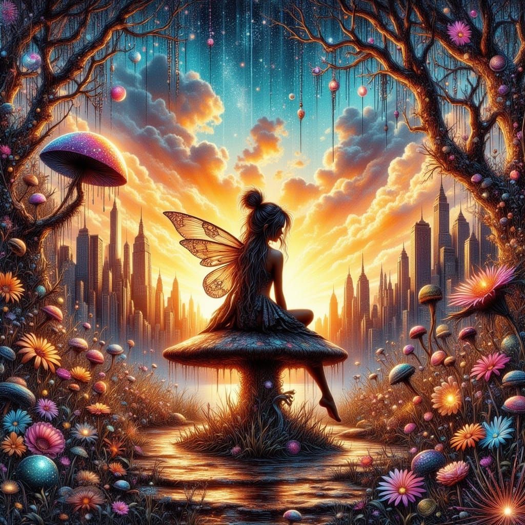 Hyperrealistic Fairy on Mushroom in Art Deco Style