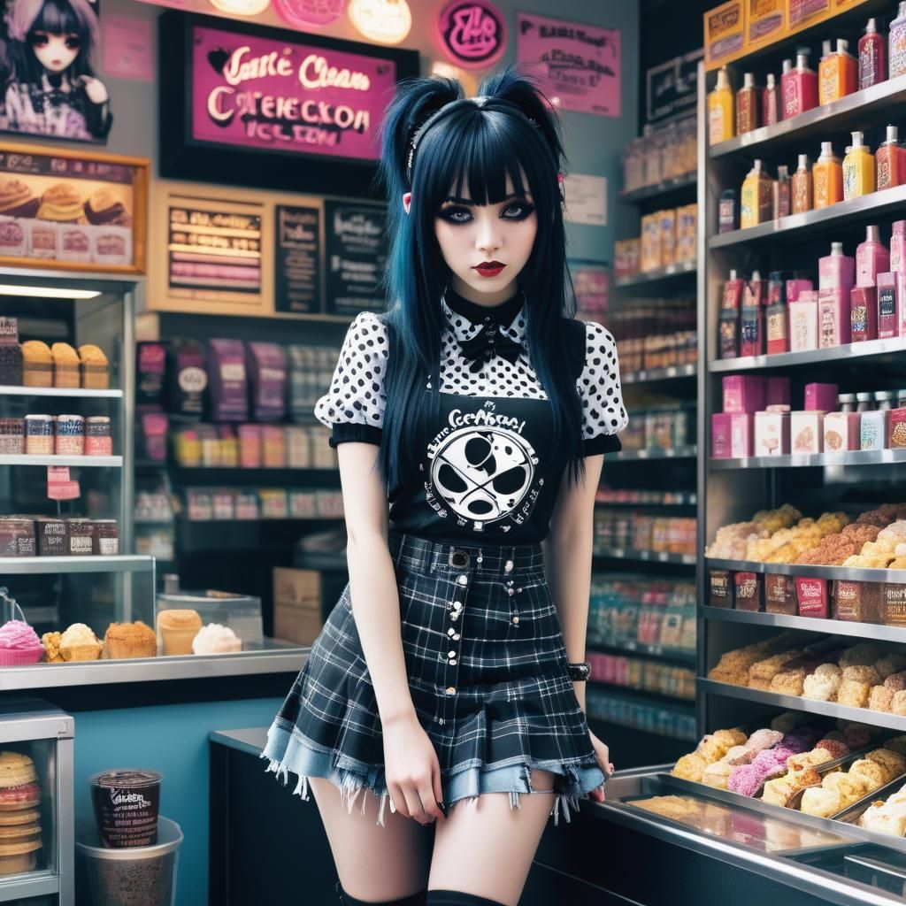 Gothic Emo Girl Working at Ice Cream Store