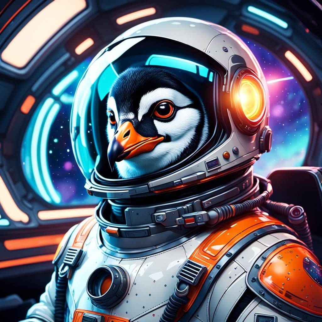Penguin Pilot in Spaceship Cockpit: Digital Art