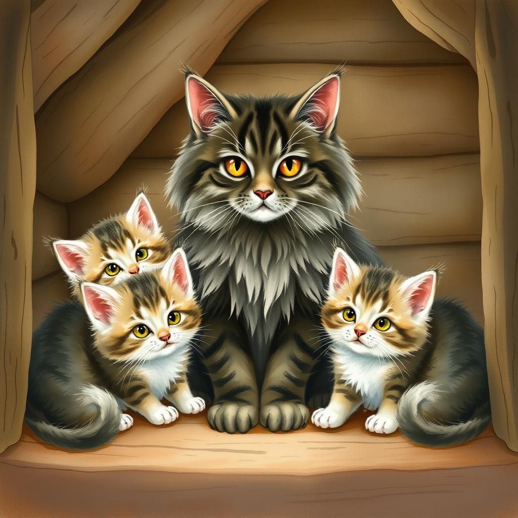 Maine Coon Cat and Kittens in Storybook Style