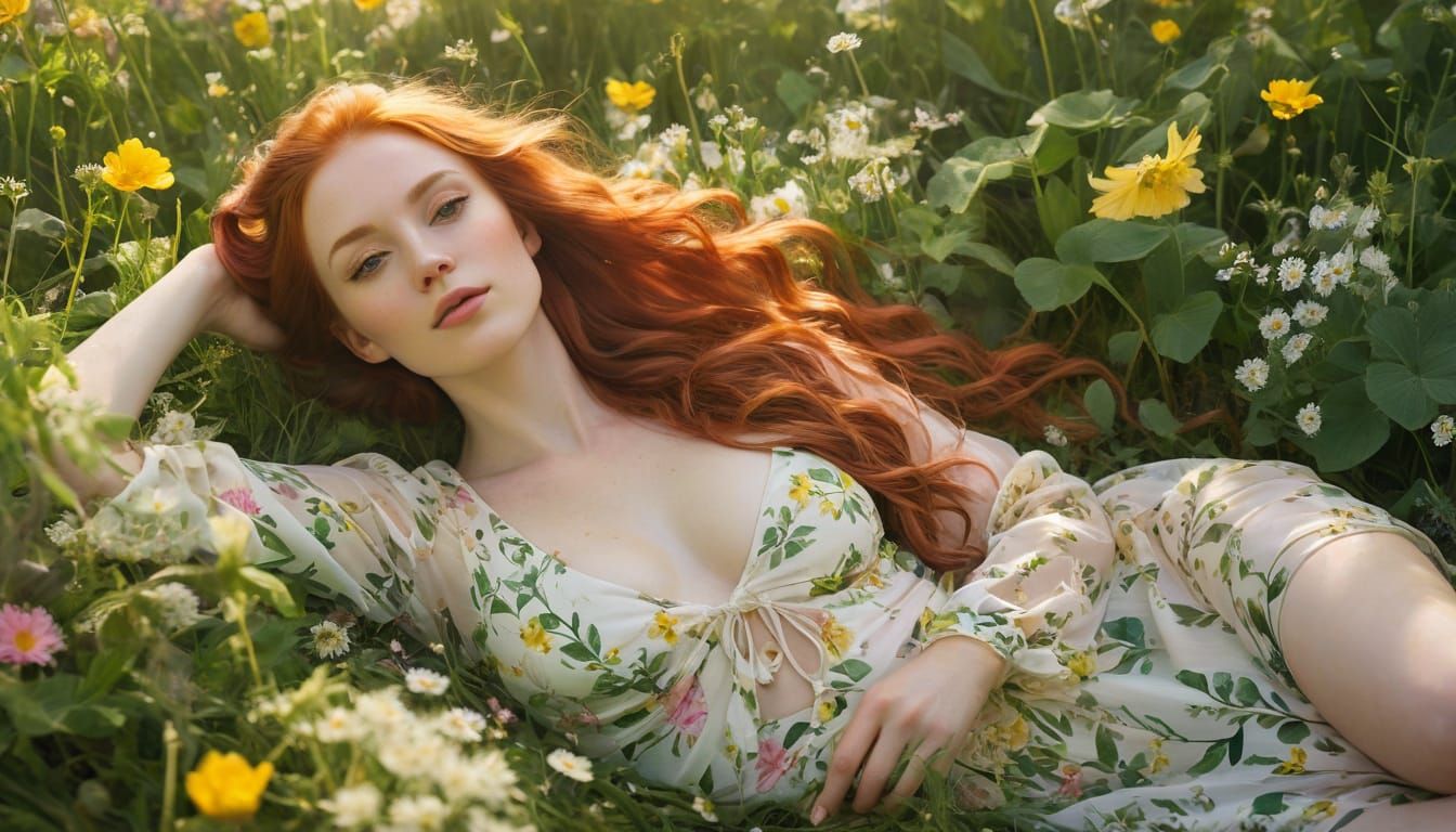 Woman Reclining in Wildflowers: Watercolor Gouache Painting