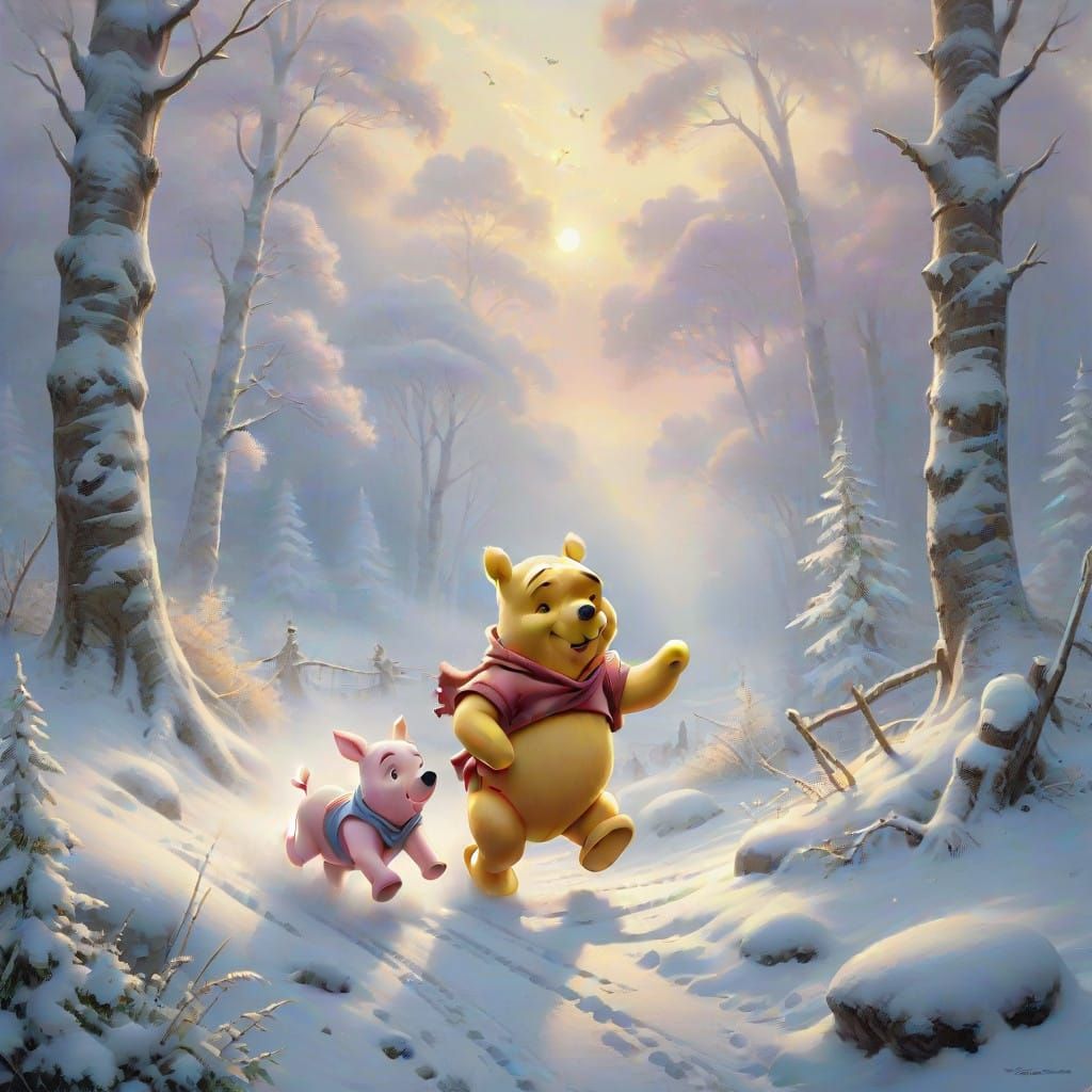 Ethereal Winnie the Pooh and Piglet in Snowy Fantasy Landsca...