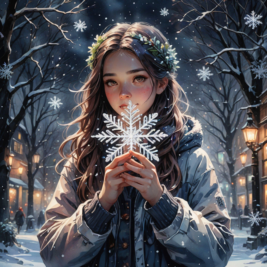 Vibrant Watercolor Girl Shines with Snowflake in Winter Wond...