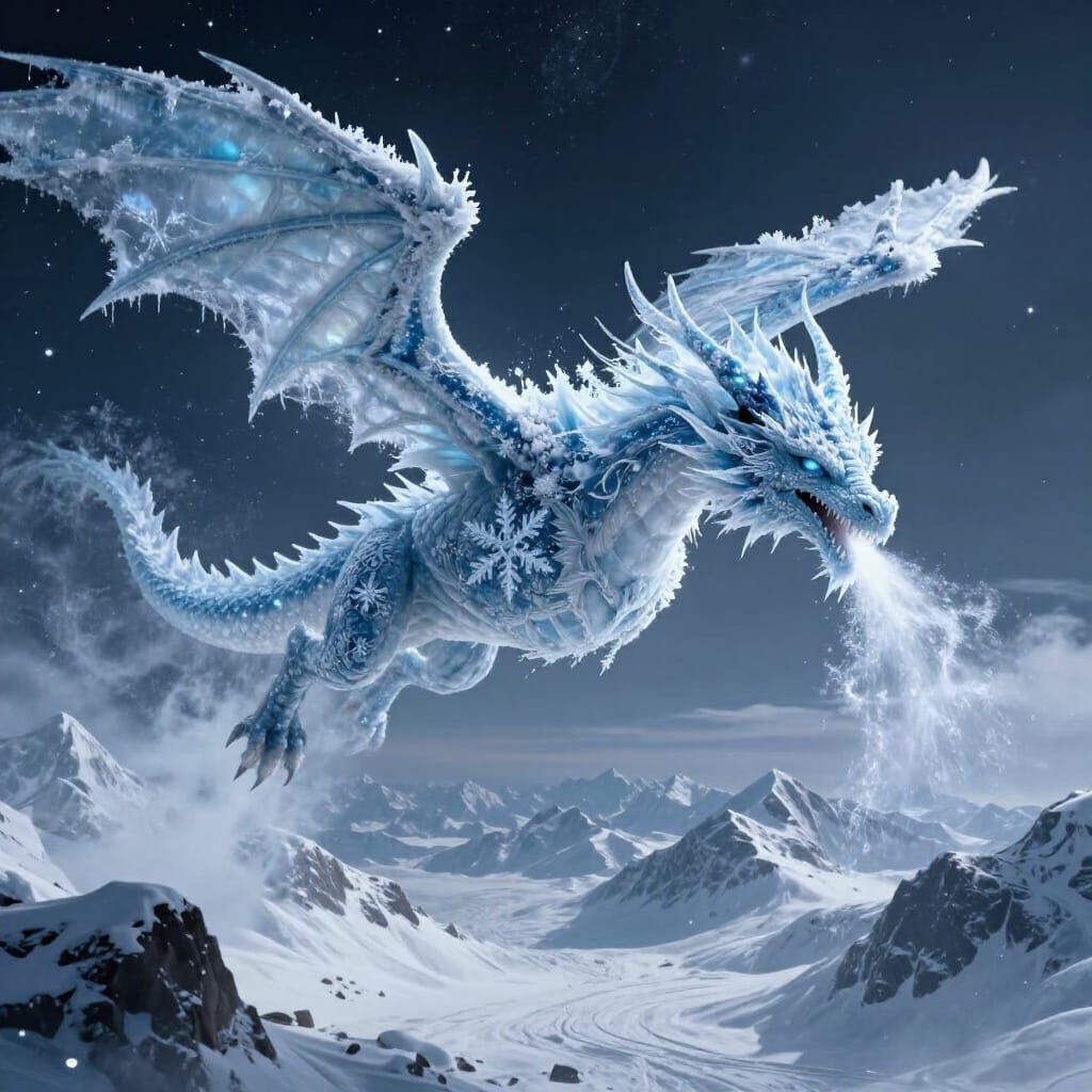 Majestic Ice Dragon Soars Through Starlit Sky