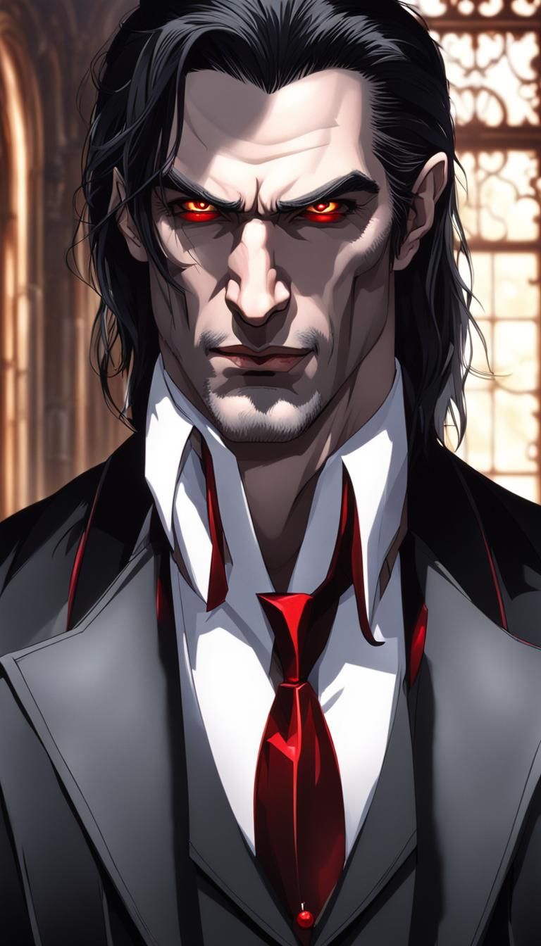 Handsome Vampire with Ruby Jewelry in Gothic Mansion
