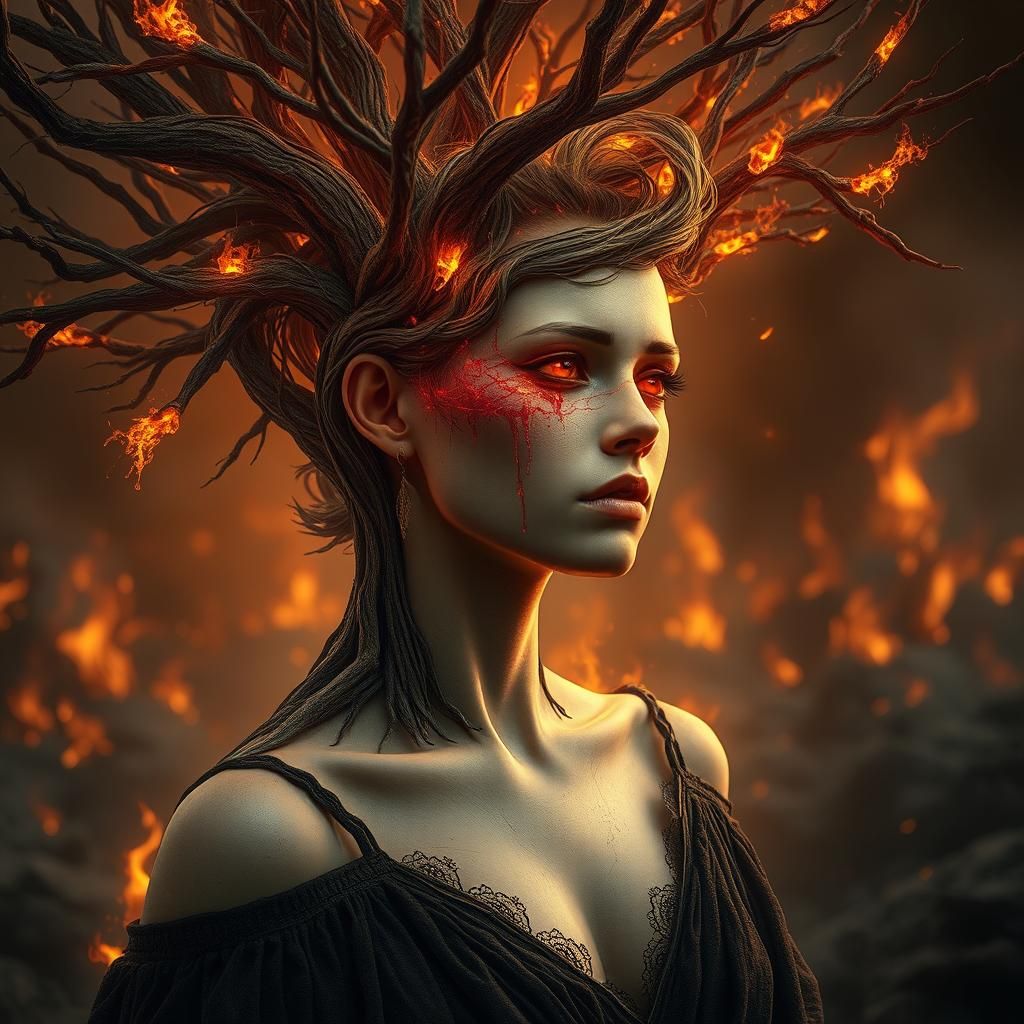Tree Woman Grieves in Post-Apocalyptic Landscape