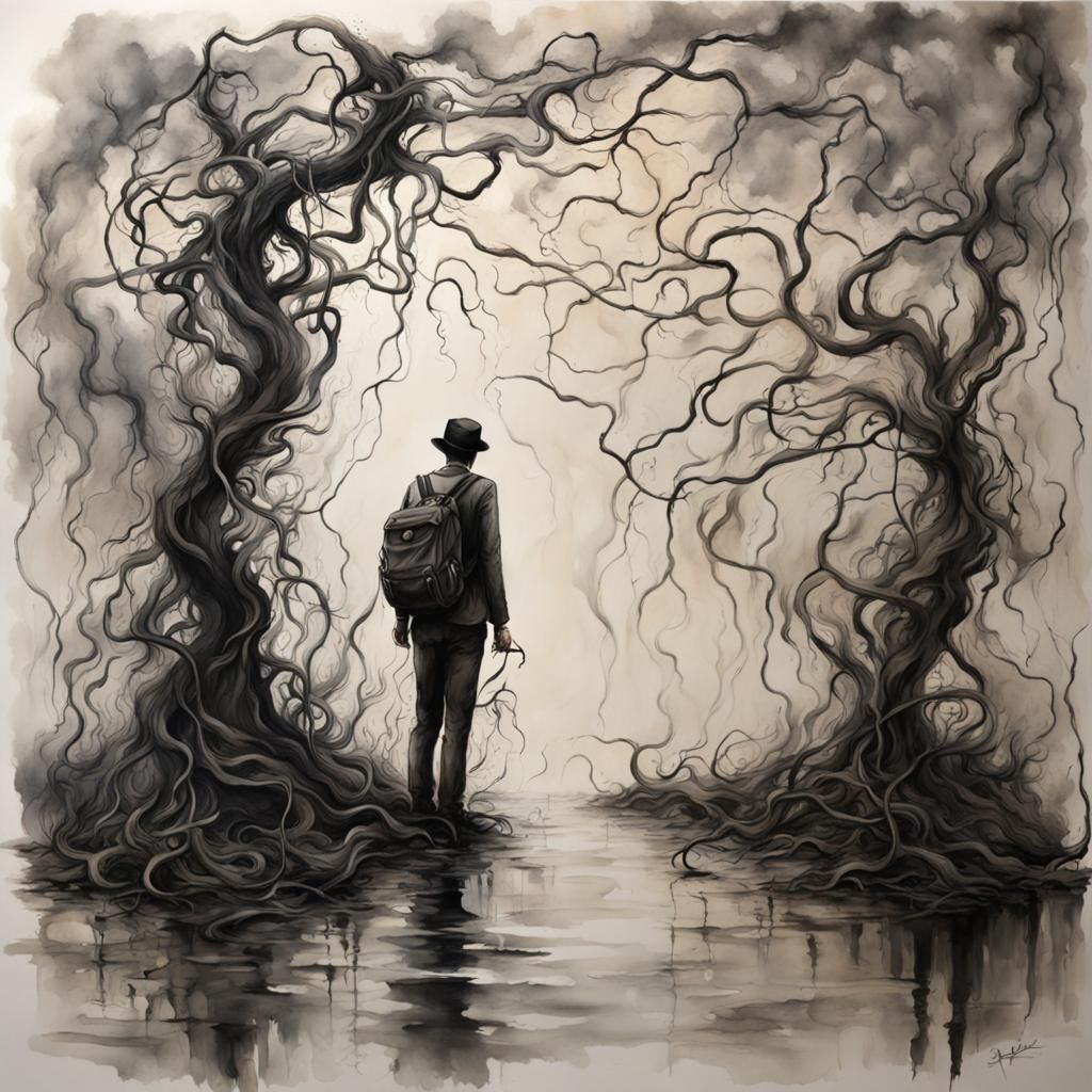 Surreal Traveler in Hazy Ink Landscape