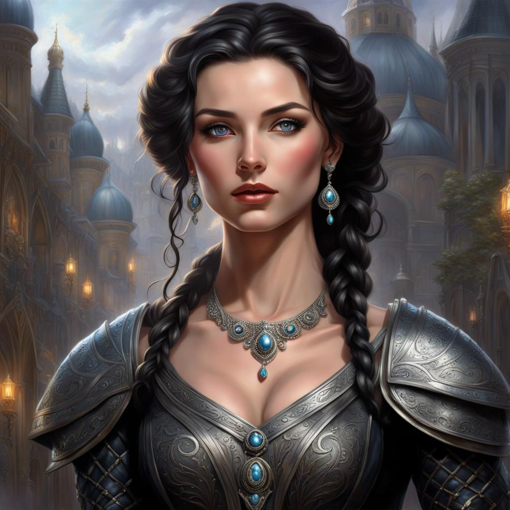 Renaissance Woman in Silver Armor, Dark Fantasy Art
