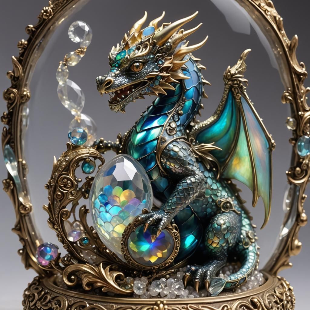 A cute miniature baby dragon sitting in a glass jewelry box ...