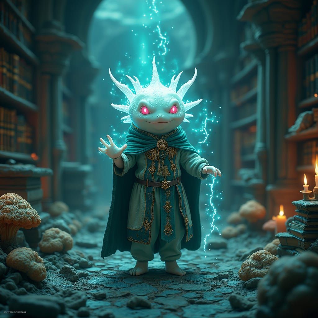 Glowing Axolotl Mage Casts Protection Spell in Grand Library