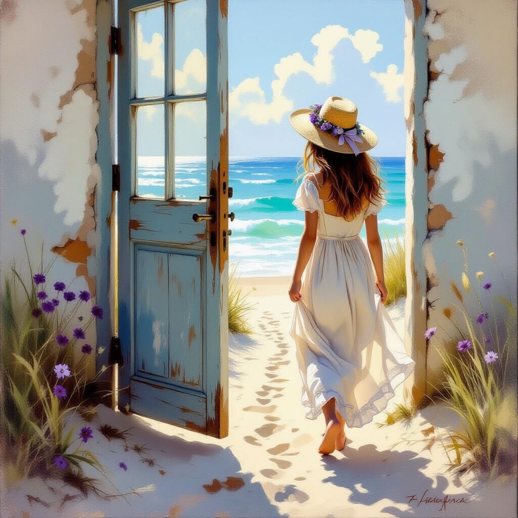 Poetic Realism Painting of Girl on Sunny Path to Sea