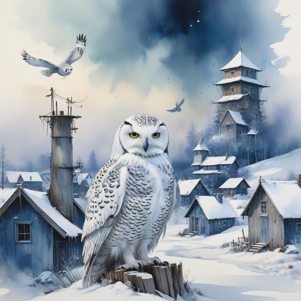 Frost-Encrusted Nordic Village with Snowy Owl