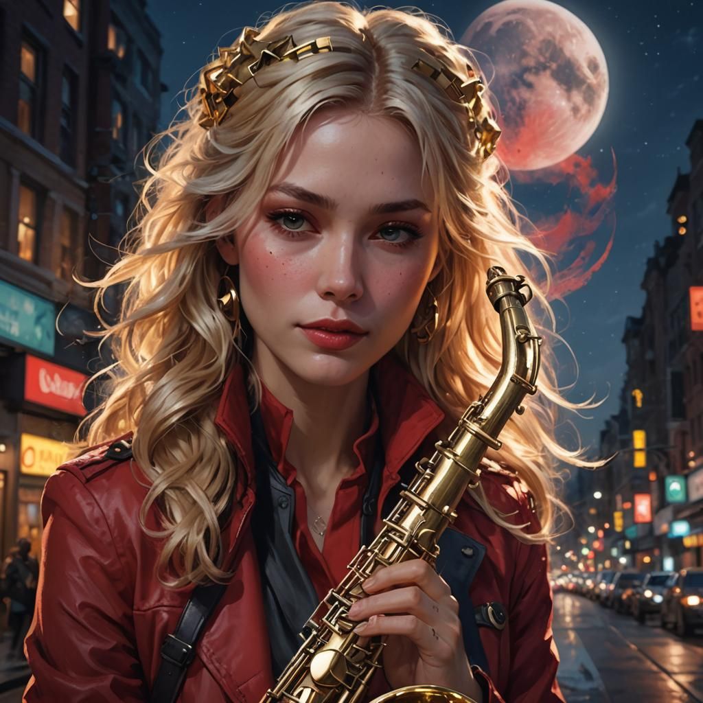 Saxophone Player in Moonlight City, Hyperdetailed Portrait