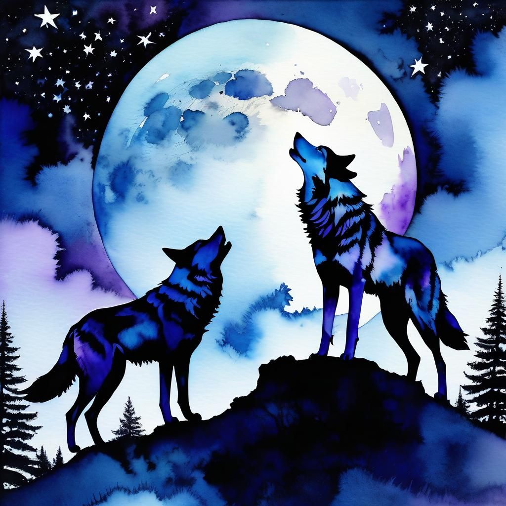 Fantasy Wolves Howling at Moon, Watercolor Art