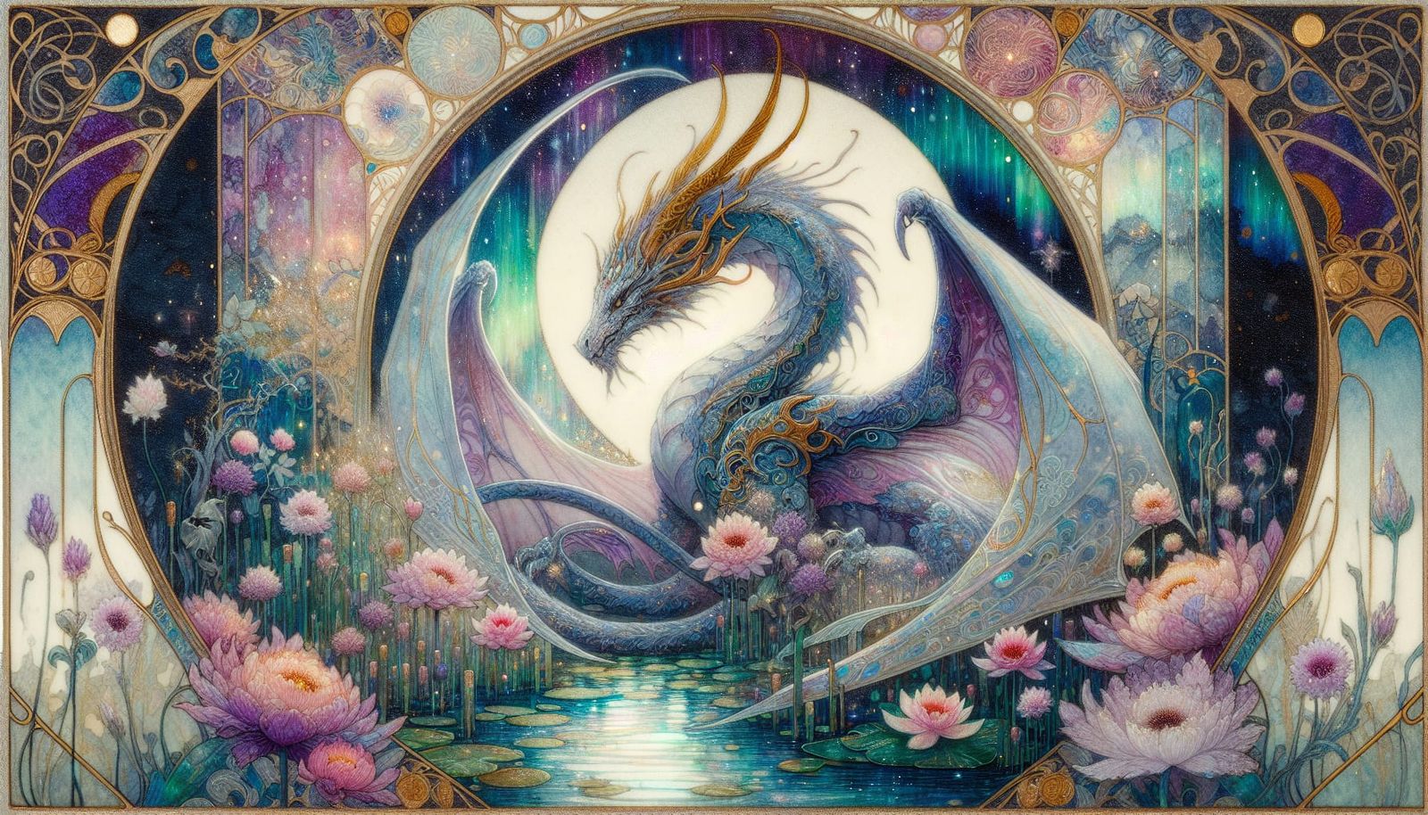 Art Nouveau Dragon in Moonlit Swamp