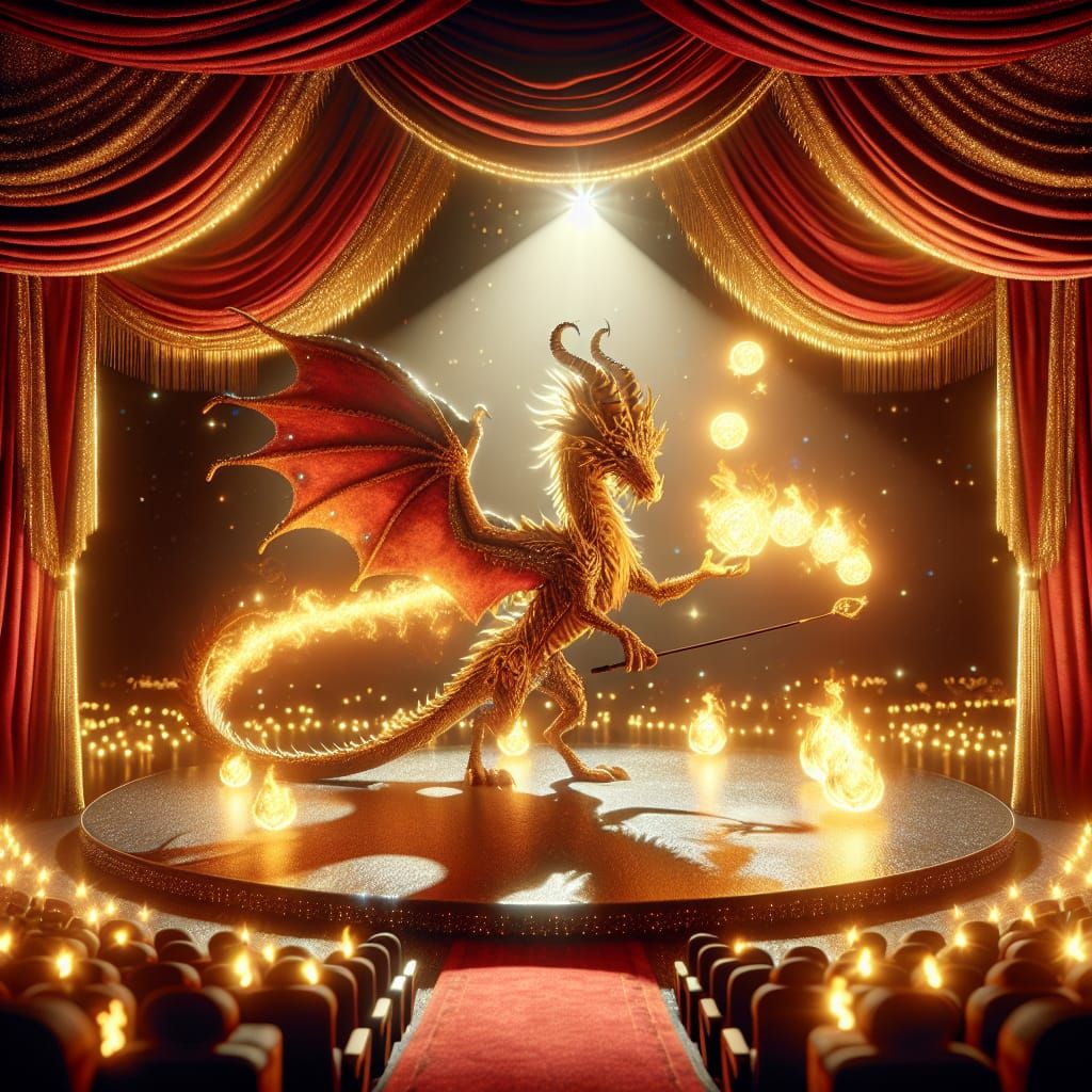 Glamorous Dragon Performing on Stage with Fire Orbs