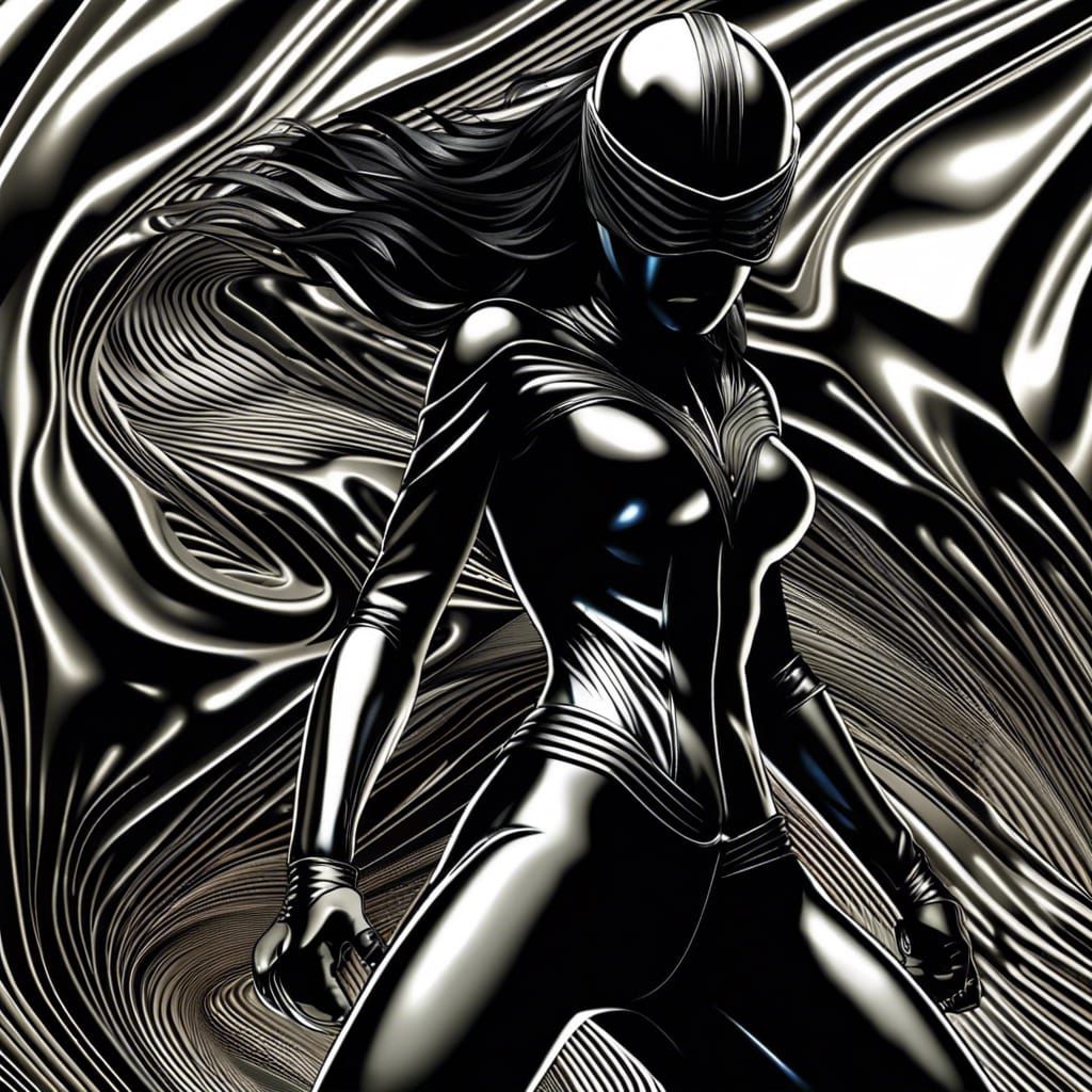 Female Superhero in Black Leather, Abstract Comic Art