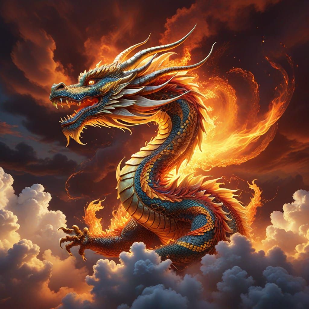 Chinese Dragon with Fiery Scales in Mystic Sunset