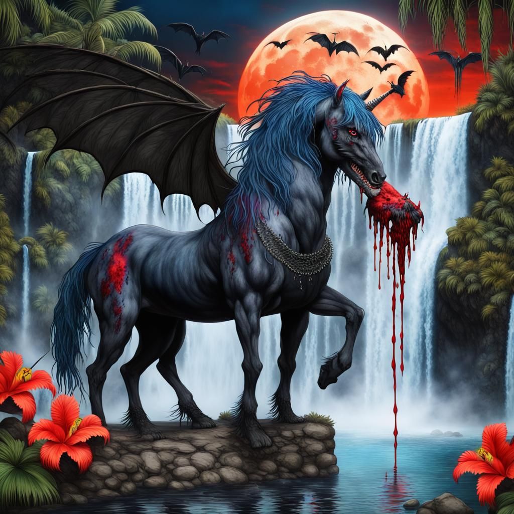 Gothic Horror Tropical Paradise with Unicorn