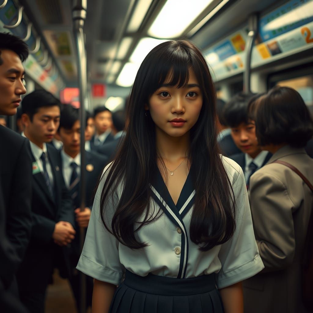 Japanese Woman in School Uniform Captured in Intimate Subway...