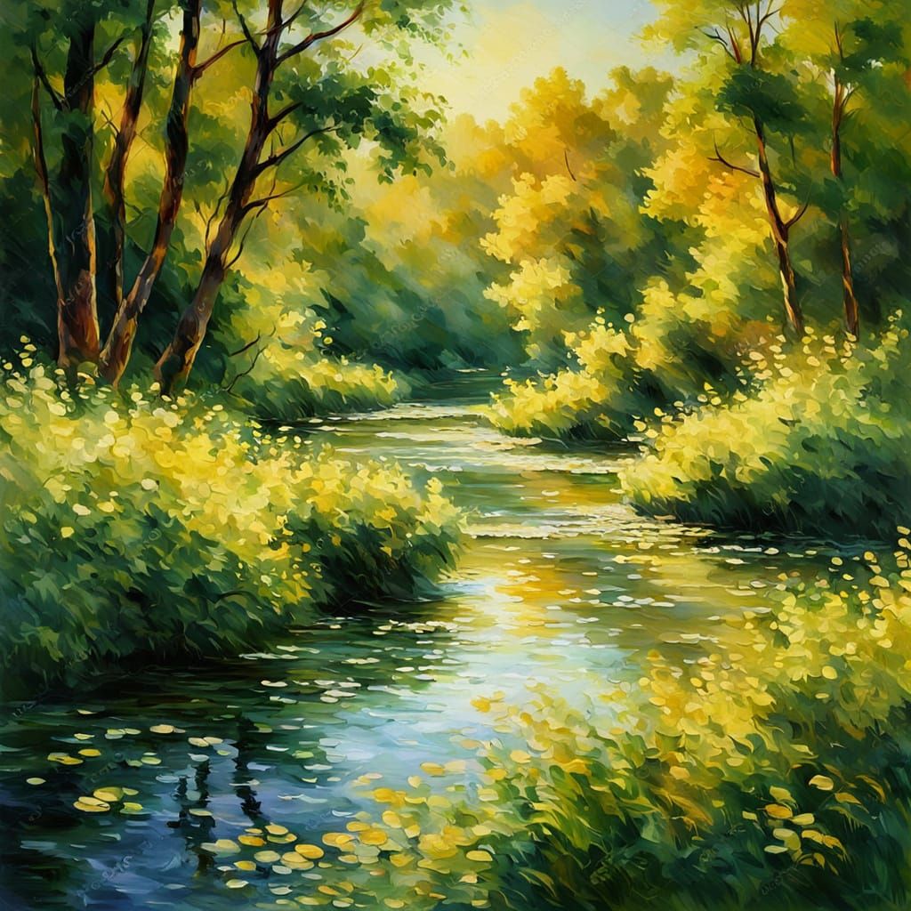 Impressionist Water Flows Through Greenery in Monet Style