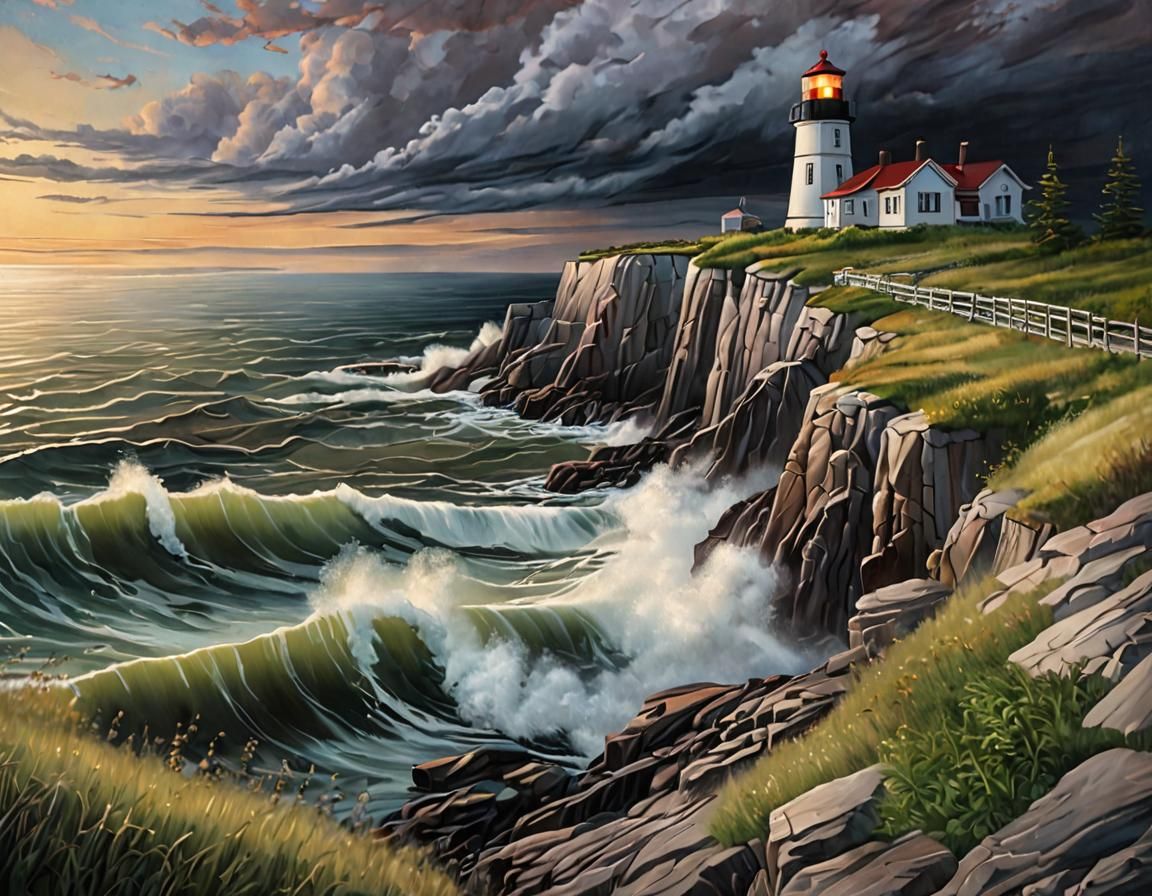 Cape Enrage Lighthouse Oil Painting at Dusk