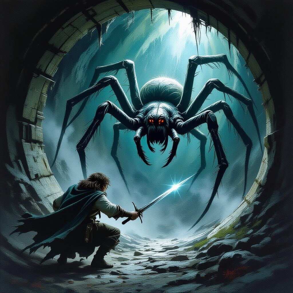 Frodo Attacked by Shelob in Dark Fantasy Style
