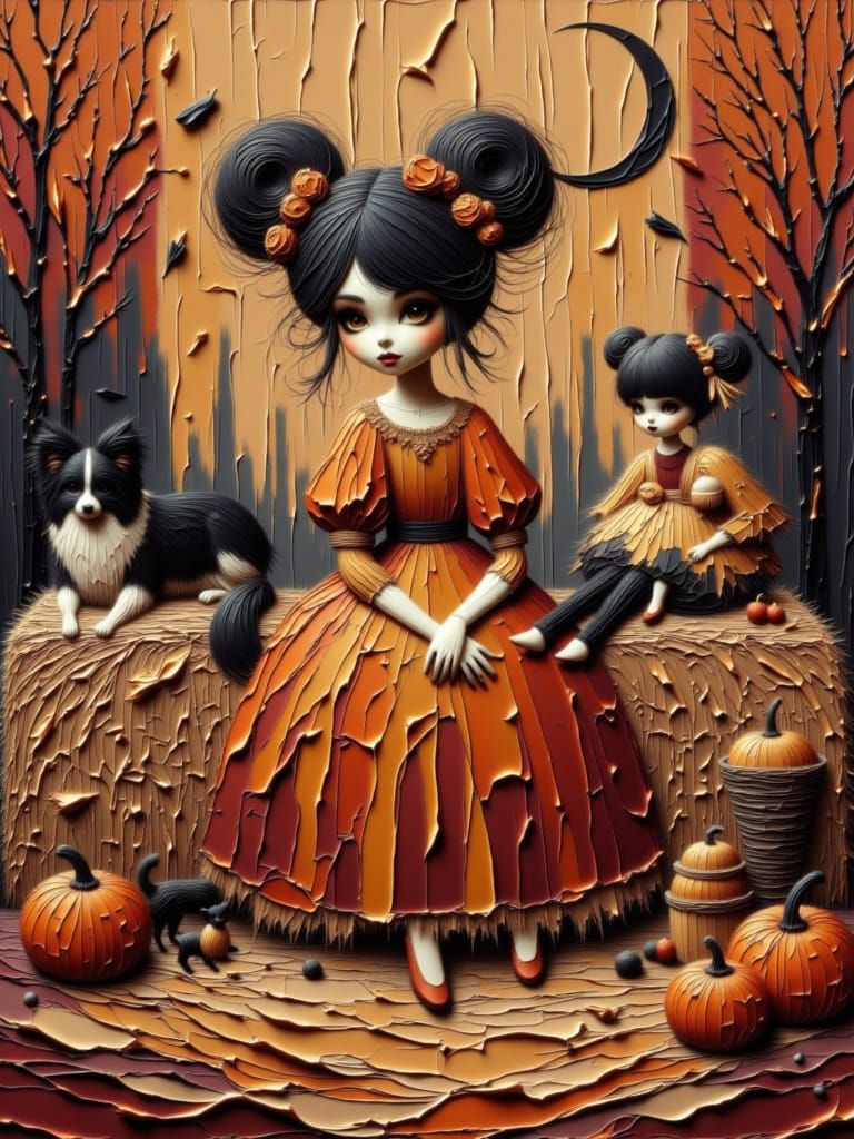 Autumn Harvest Hay Bale Scene with Scarecrow and Dog