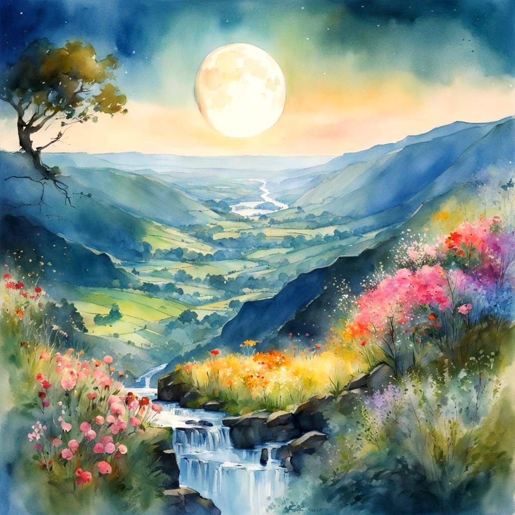 Moonlit Valley Landscape with Blossoming Flowers