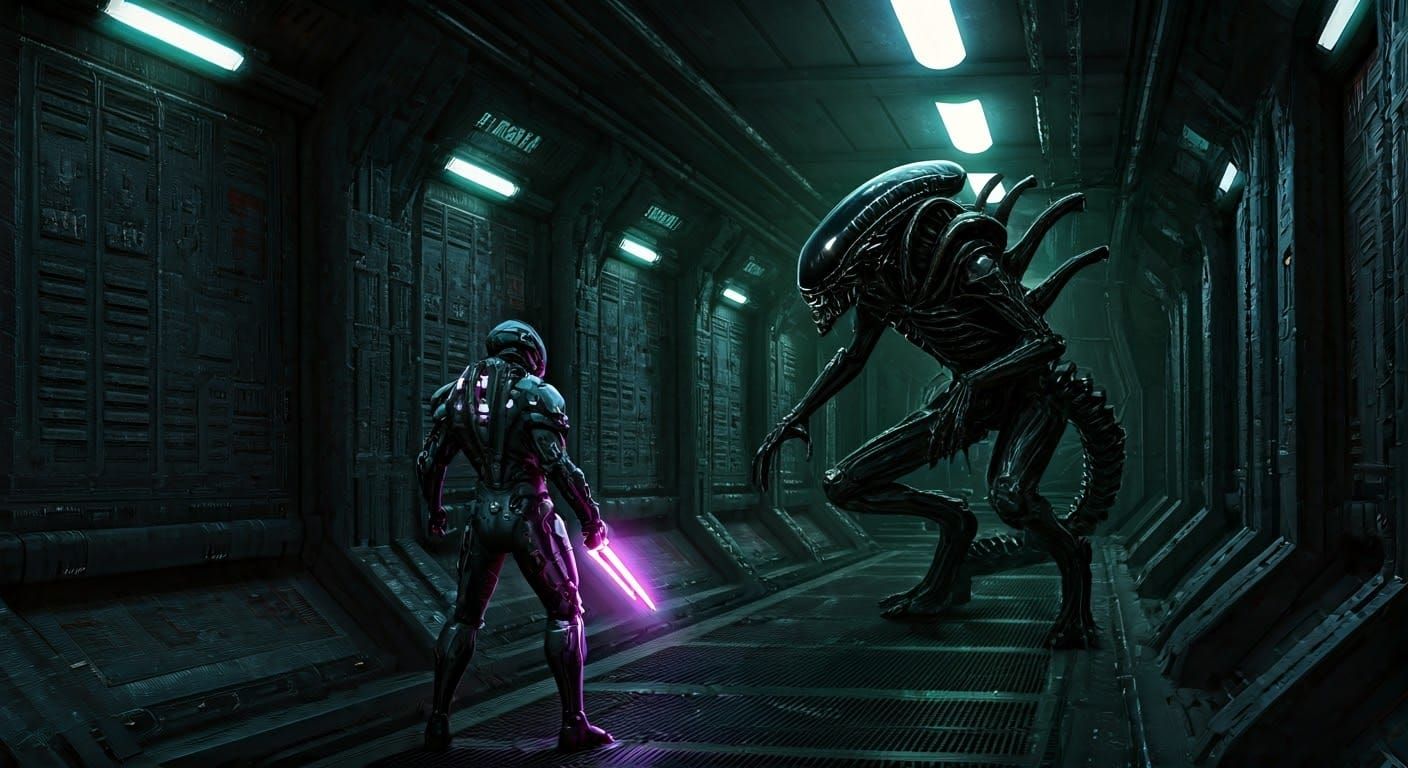 Gritty Sci-Fi Action Scene in a Neon-Lit Industrial Corridor