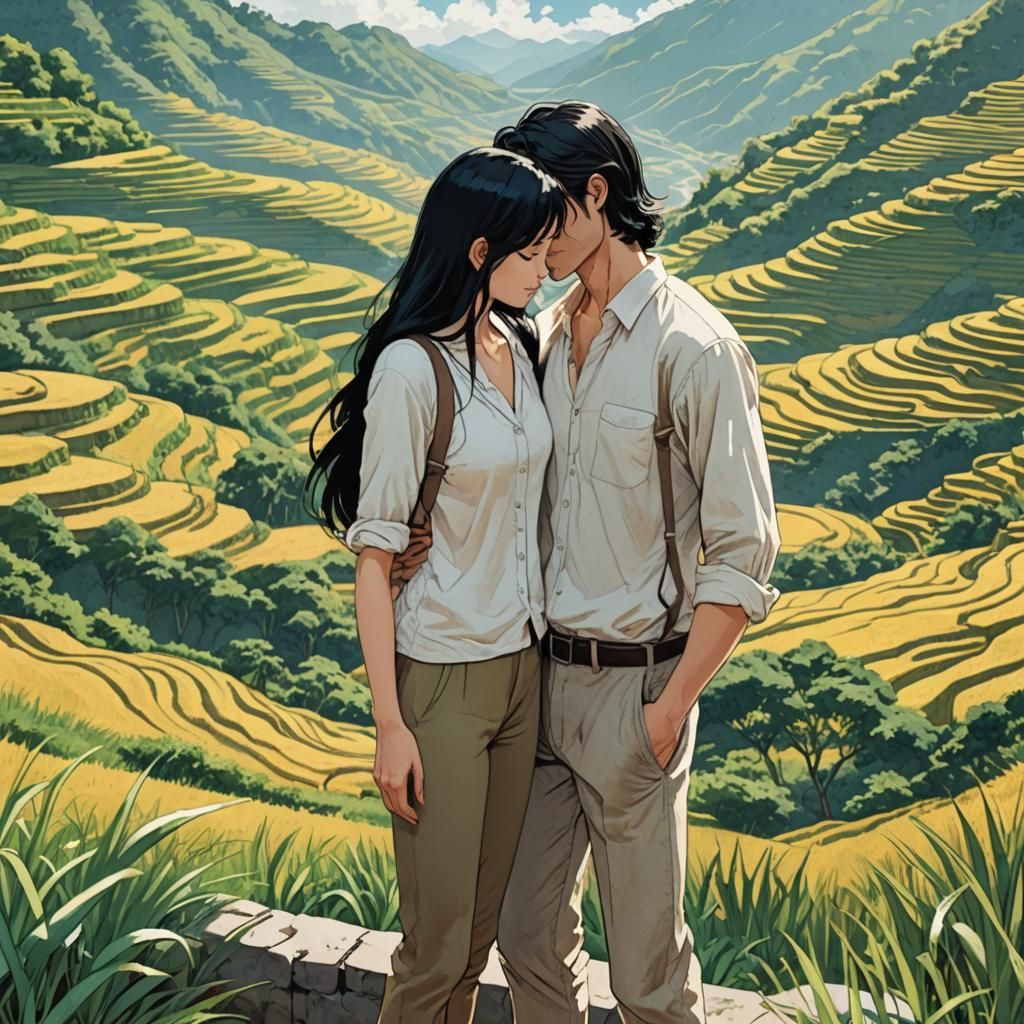 Romantic Couple Embrace in Vietnam Rice Fields