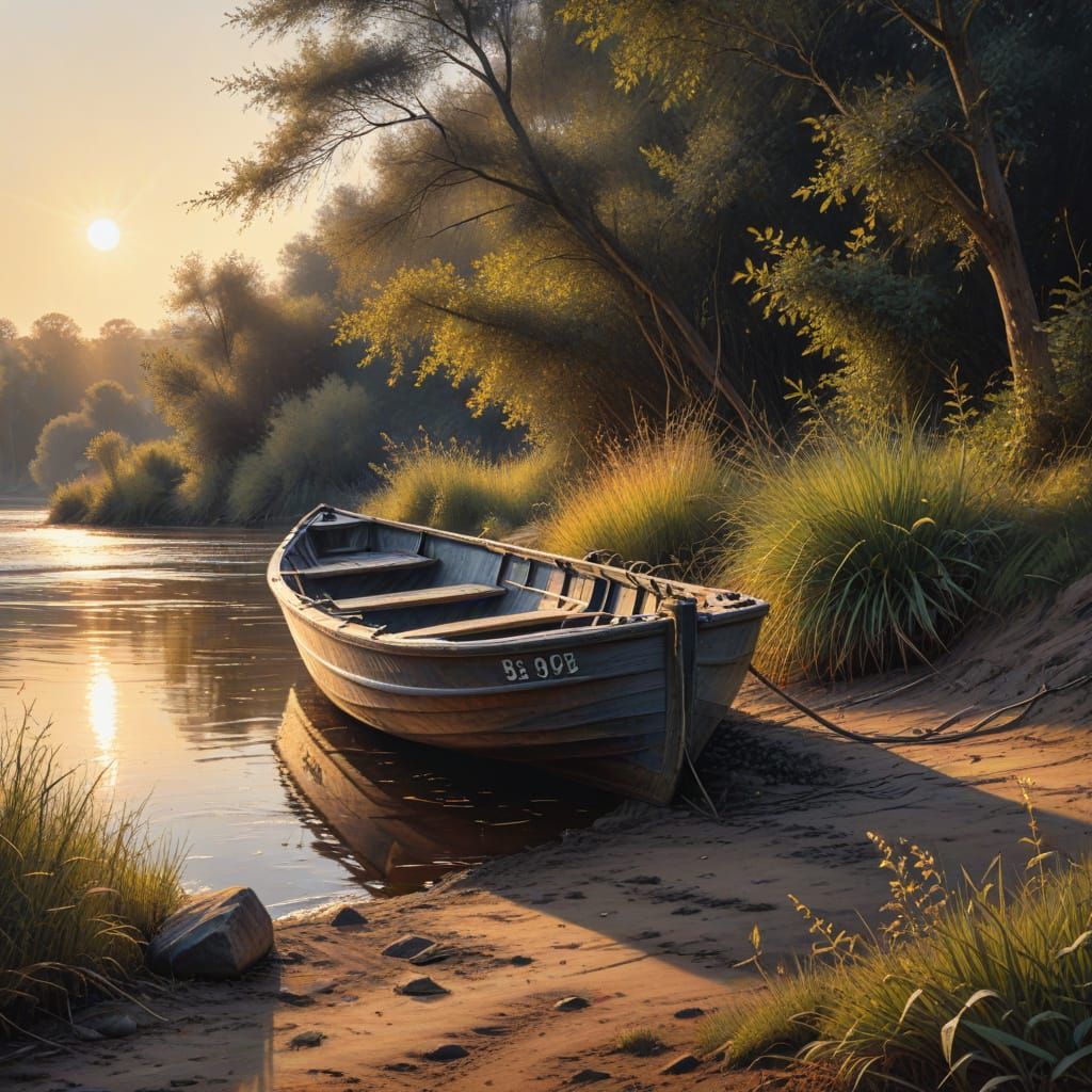 Charcoal Drawing of a Boat on a Riverbank at Sunset