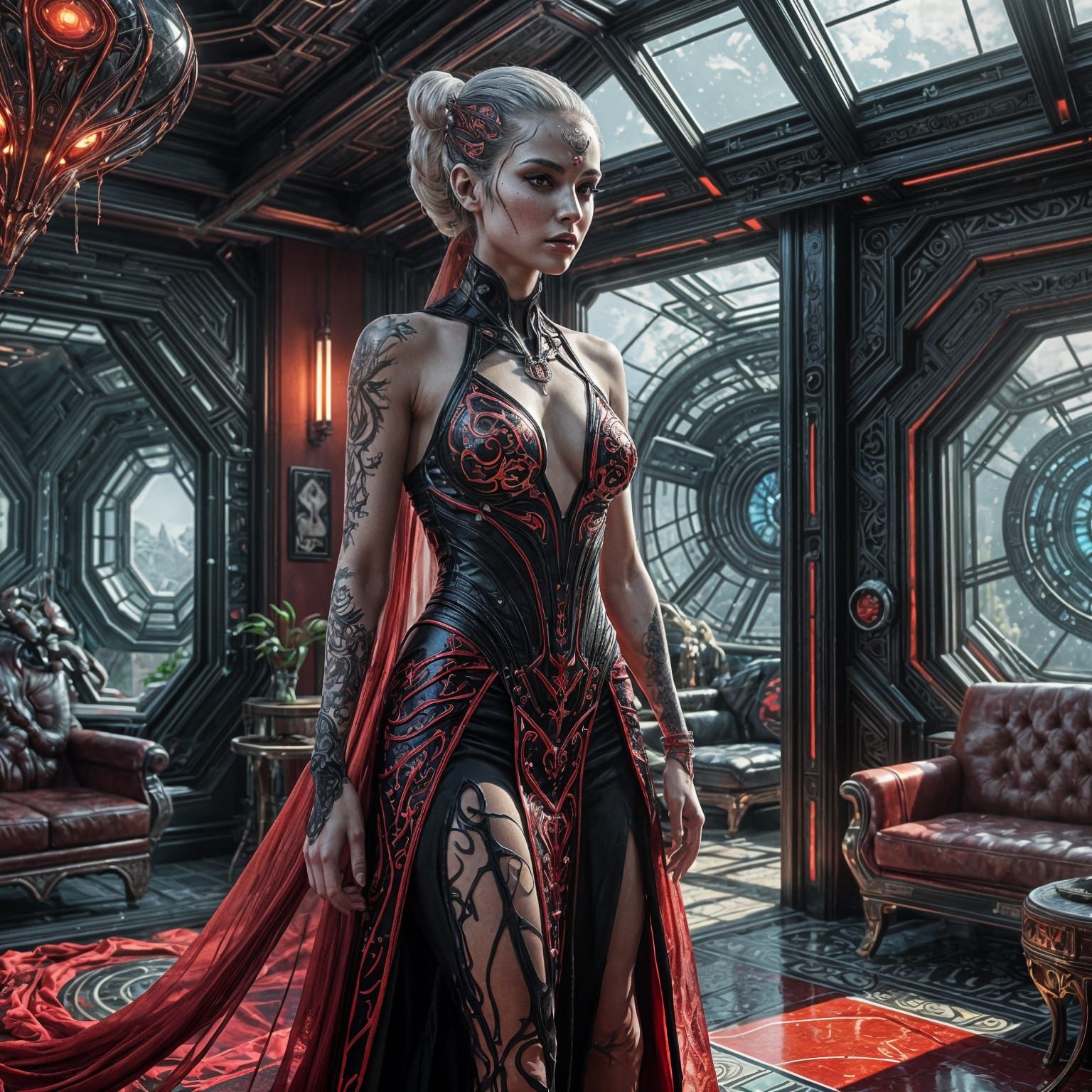 Beautiful Alien Woman in High-Tech Living Room