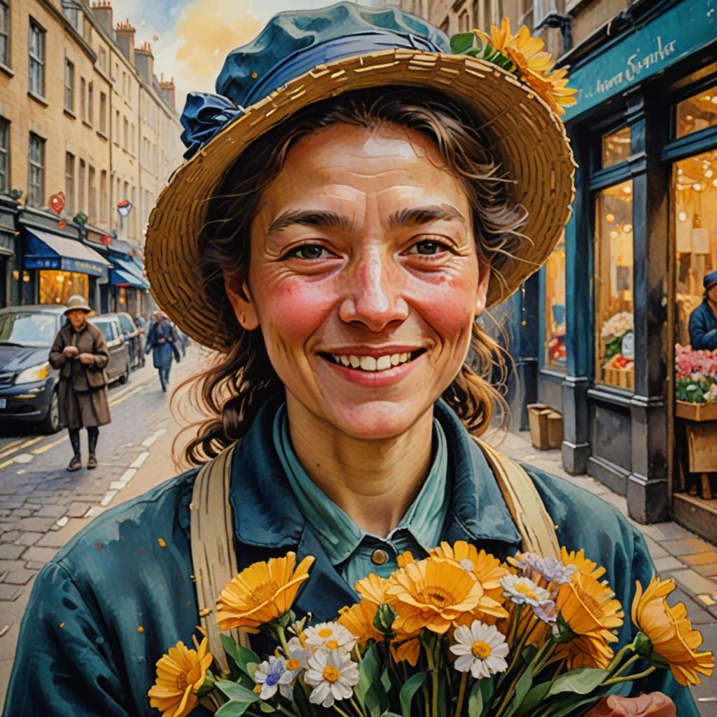 Ethereal London Flower Seller in Impressionist Style