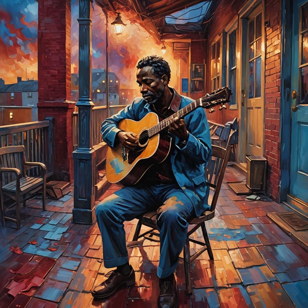 Expressive Blues Cityscape with Guitar, Impressionist Style