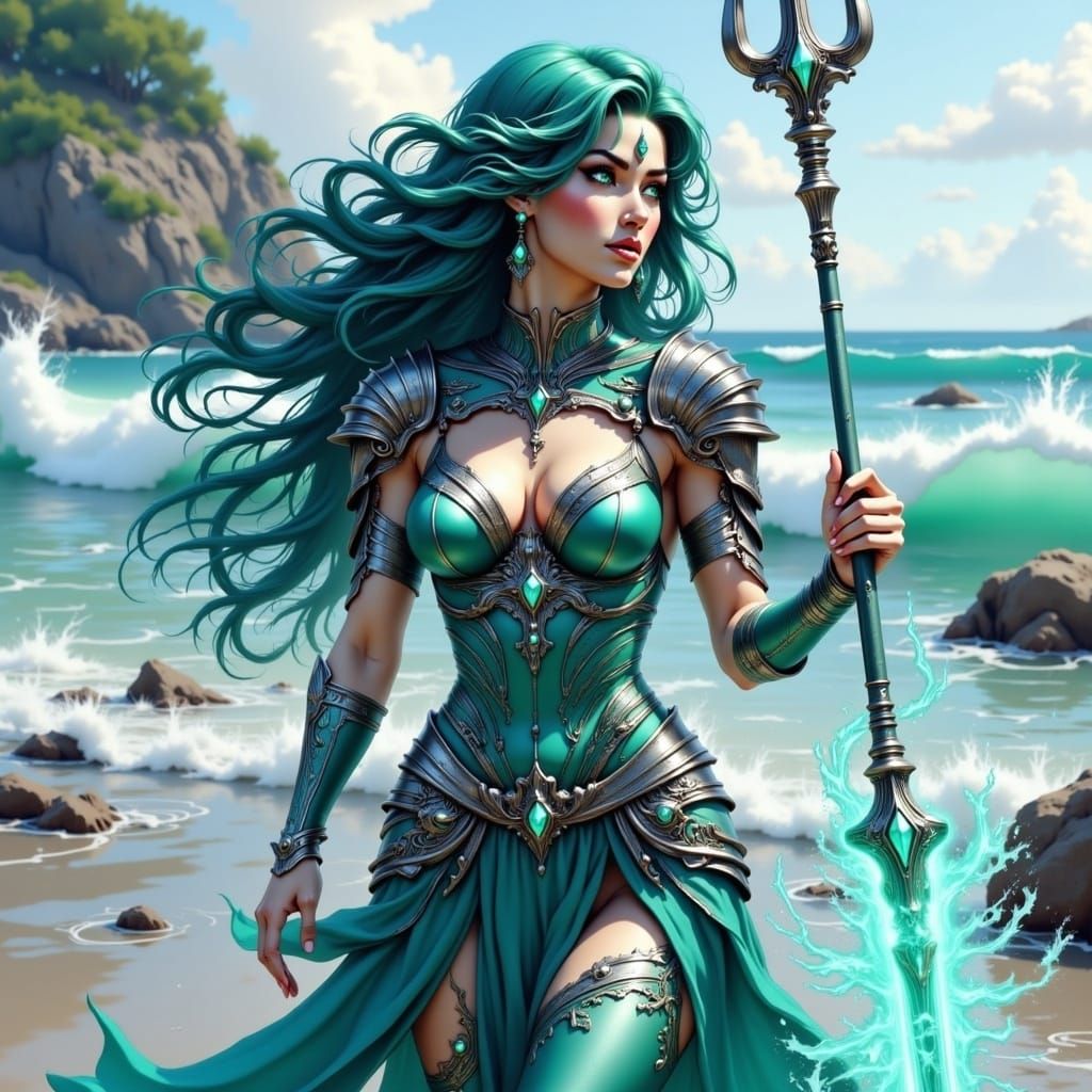 Serene Ocean Warrior with Trident Digital Art