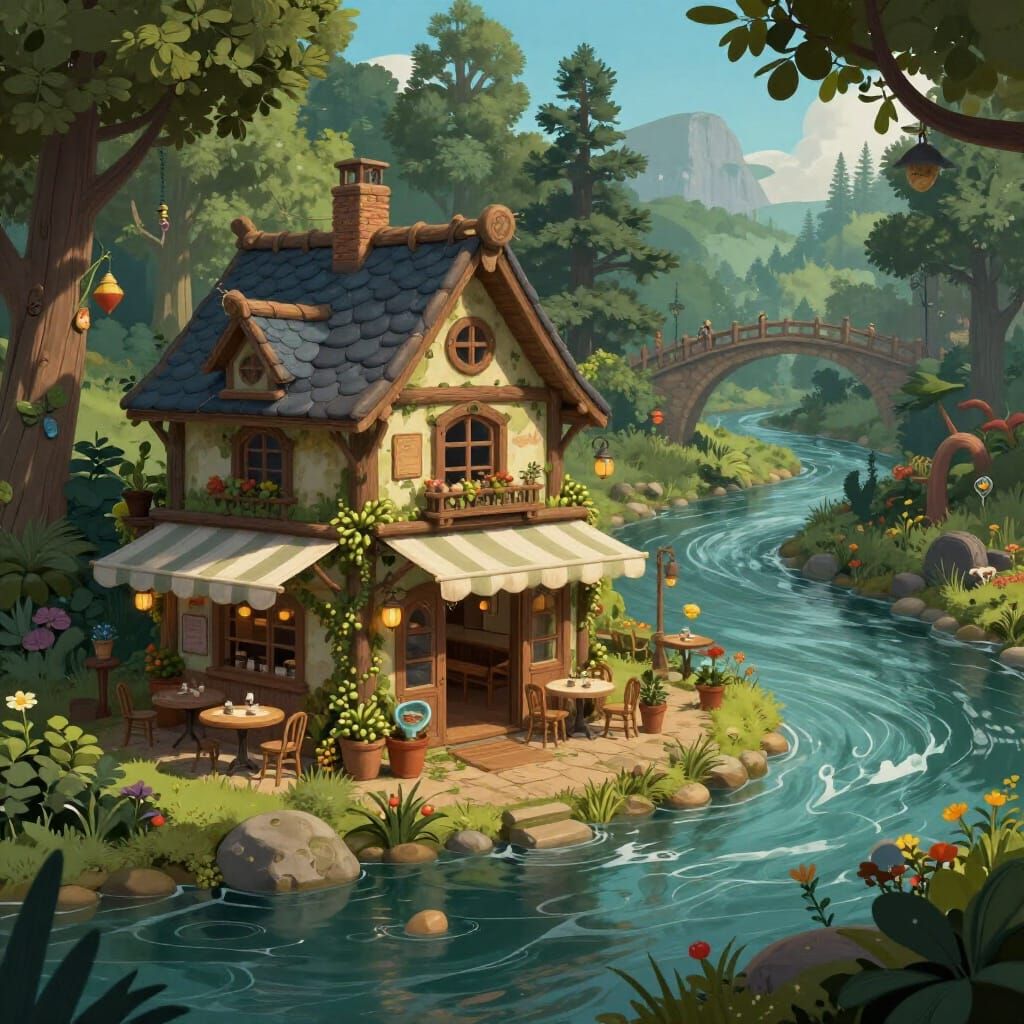 Charming Cafe Beside River in Fantasy Concept Art Style