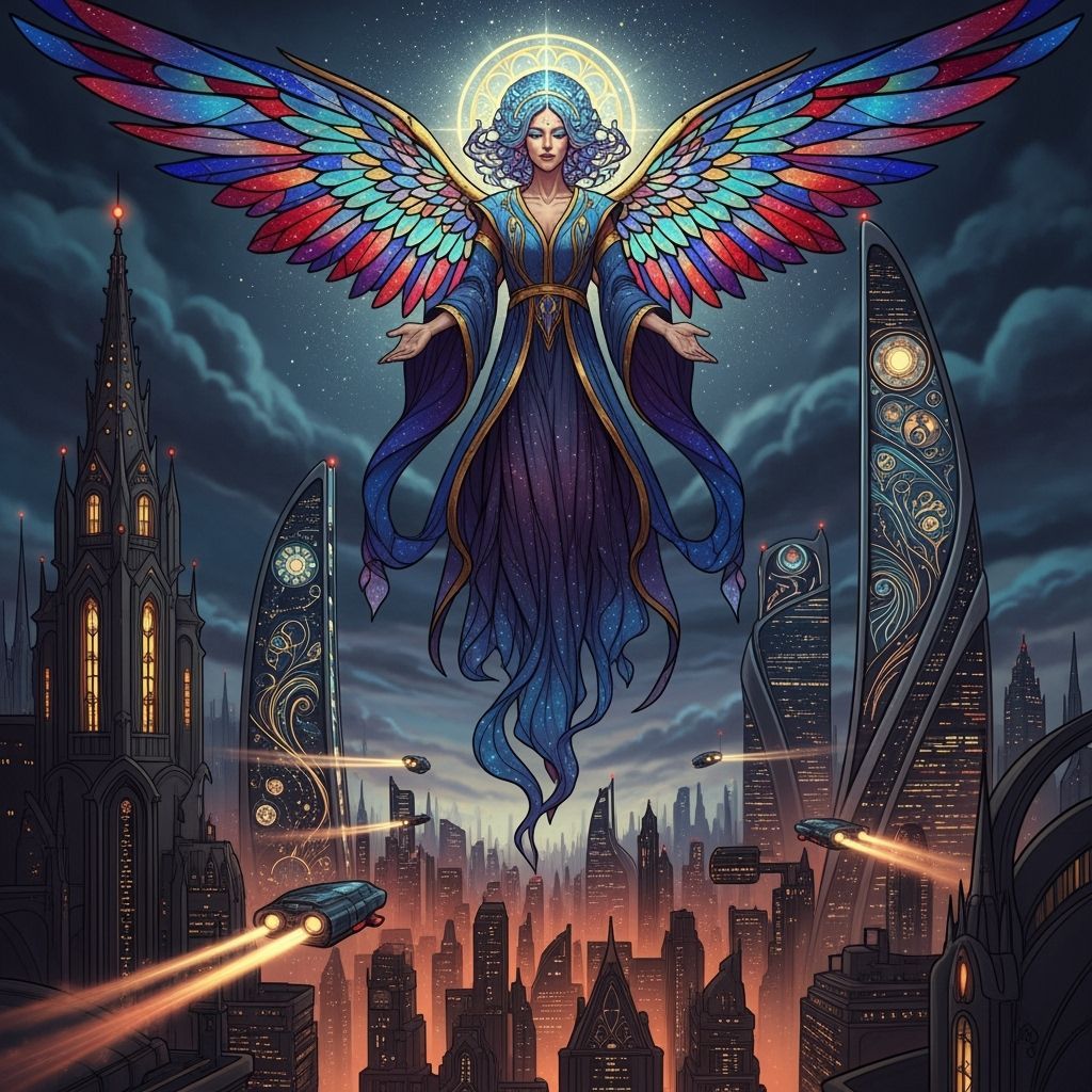 Celestial Being Above Futuristic City in Art Nouveau Style