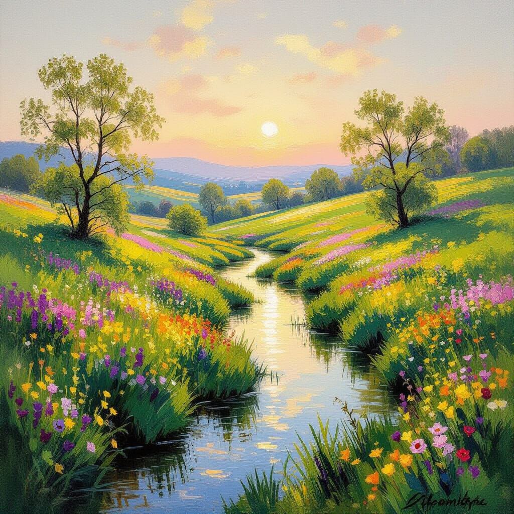 Vibrant Spring Landscape Painting at Dawn