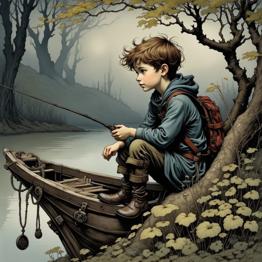 Boy Fishing on Shipwreck in Surreal Style