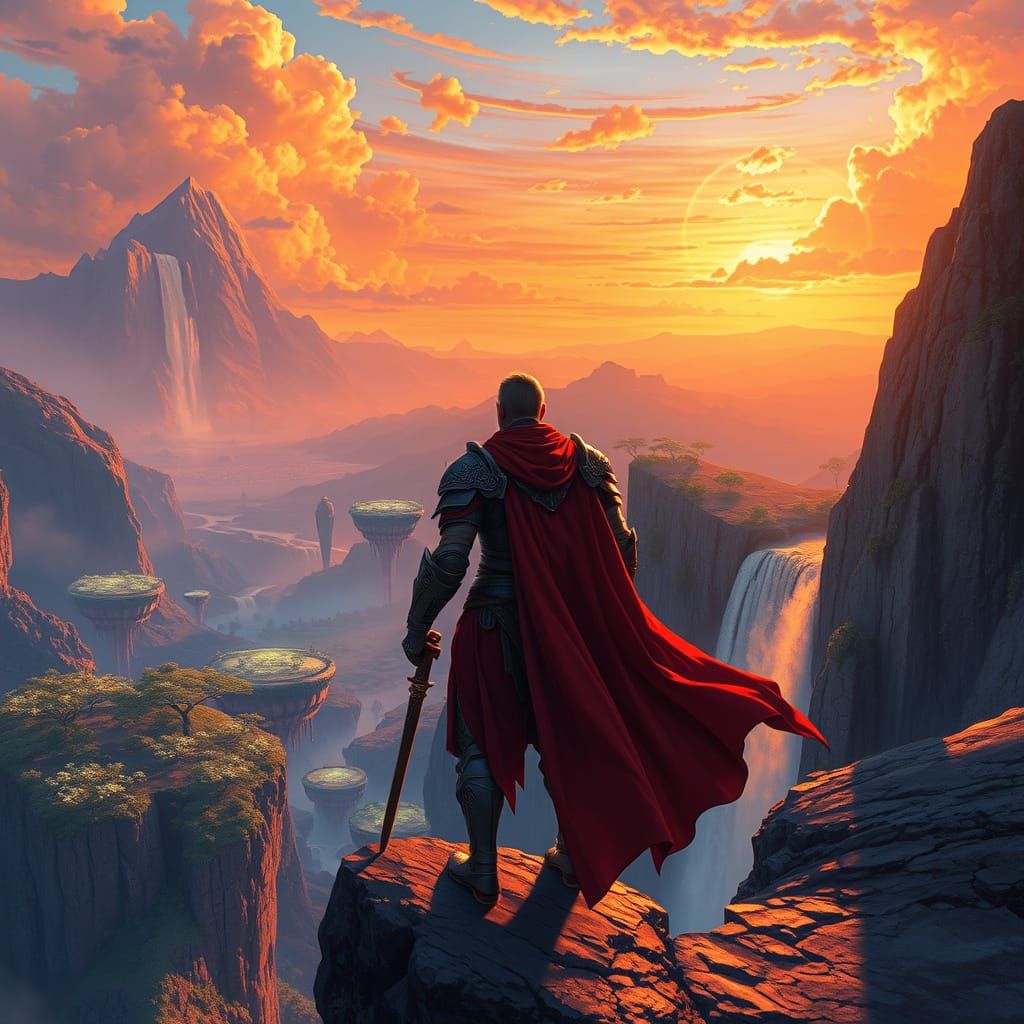 Fantasy Warrior Standing on Cliff at Sunset with Bioluminesc...