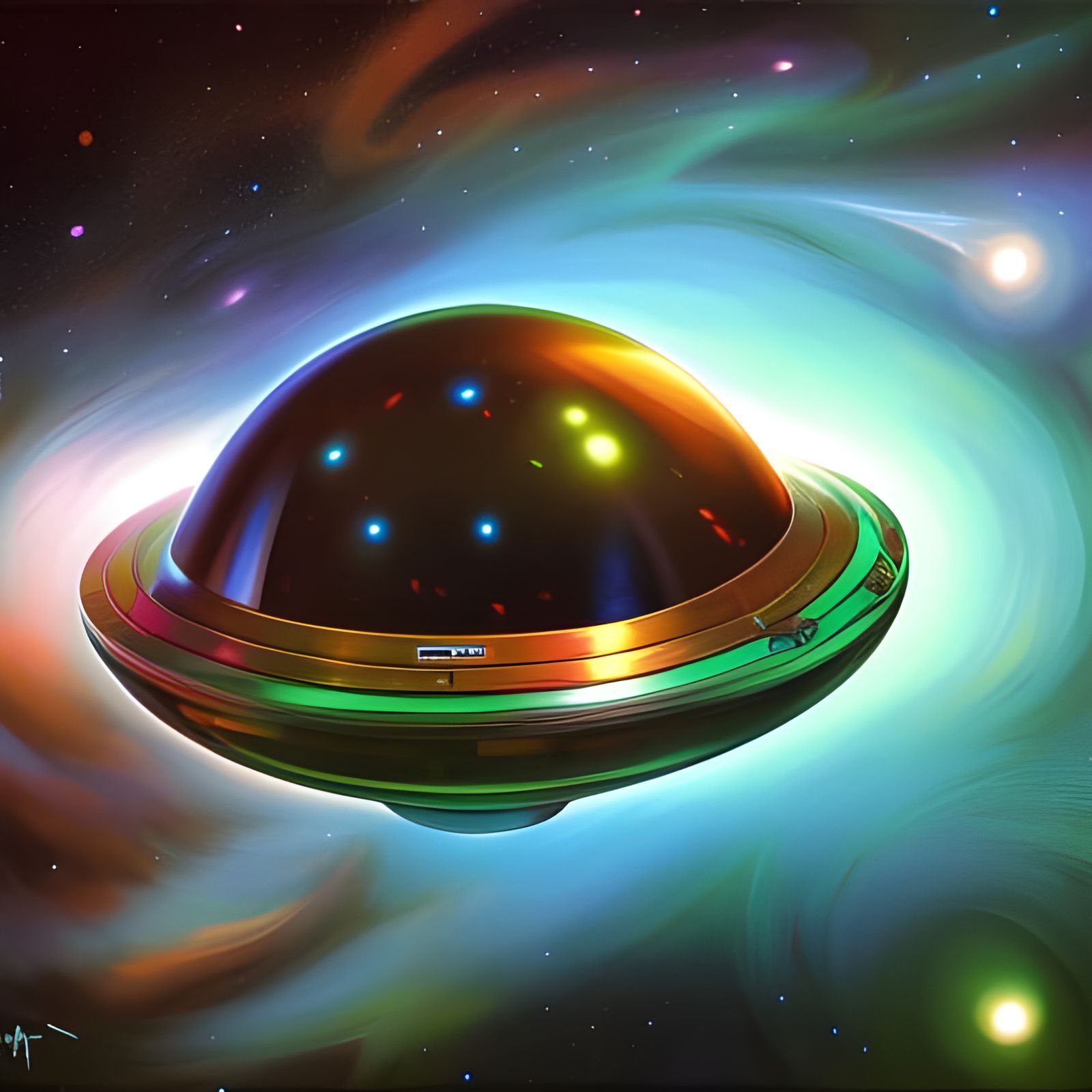 Classic Silver Flying Saucer in Cosmic Space
