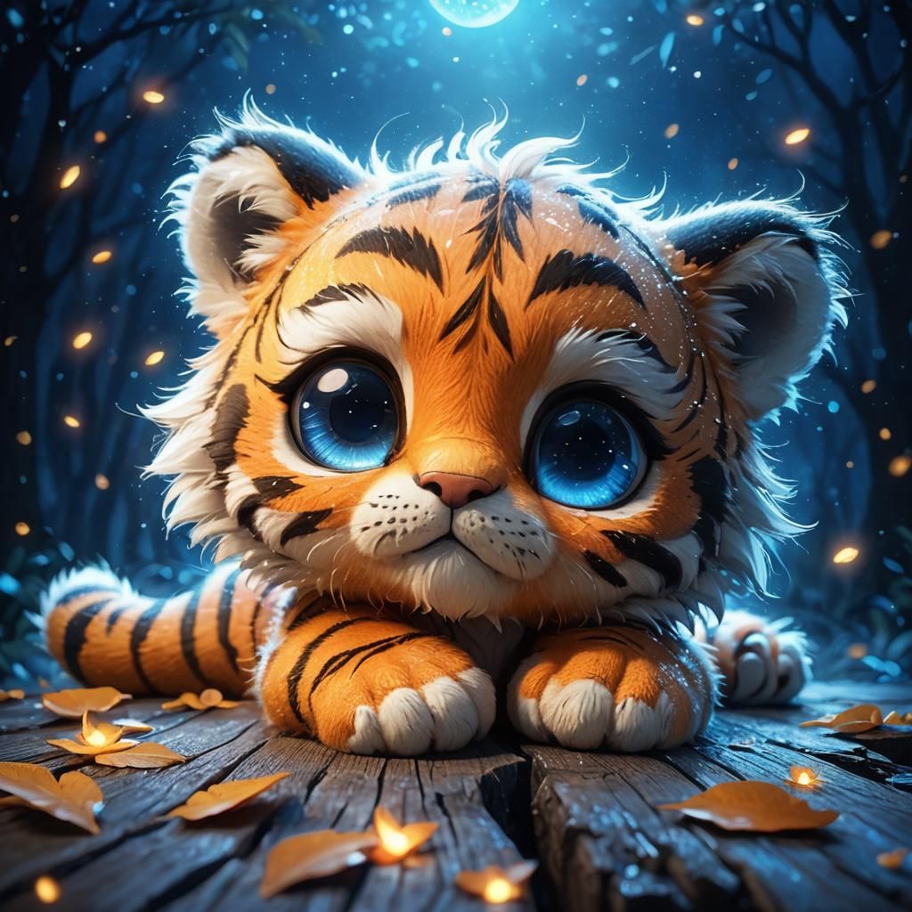 Cute Chibi Tiger in Blue Night Sky, Digital Art